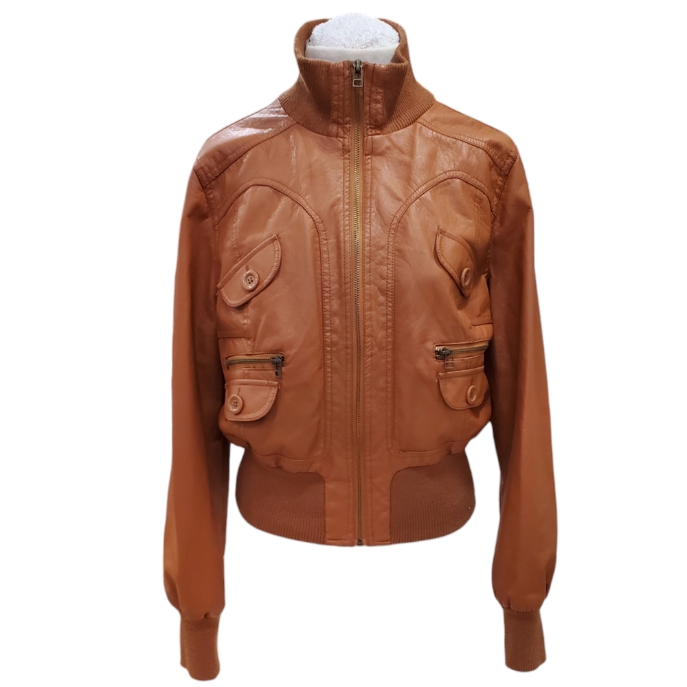 Decibel faux leather bomber jacket women's medium tagged XL camel brown cropped